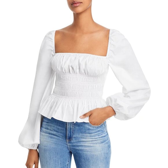 Last Chance! New Staud Jules Cotton Poplin Smocked Top White Large $225 - Picture 1 of 9